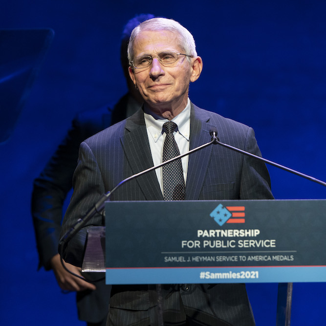 Dr. Anthony Fauci announcing an award at the 2021 Samuel J. Heyman Service to America Medals gala.