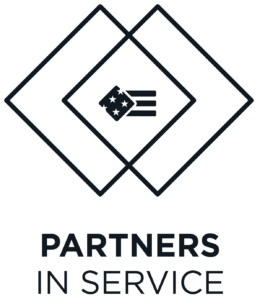 Logo for Partners in Service with two overlapping squares and an American flag in the center